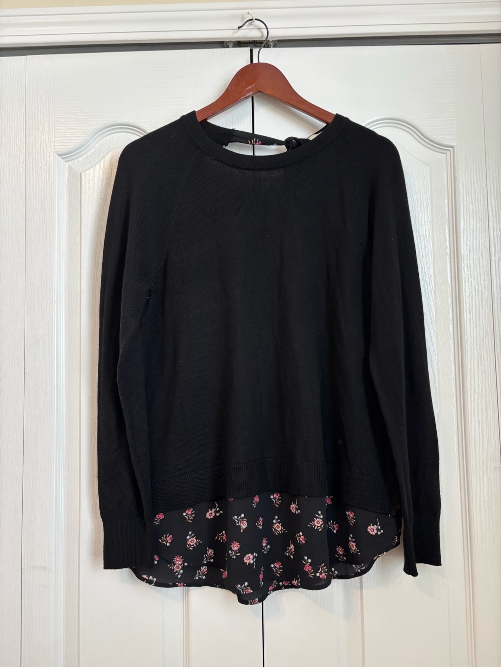 LOFT Black Crewneck Sweater with Floral Hem medium